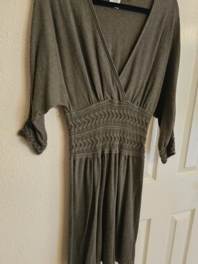 Max Studio Olive Knit Midi Dress with Smocked Waist